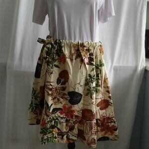 Pretty upcycled cotton and linen tiered skirt, autumn pattern and stretch waist